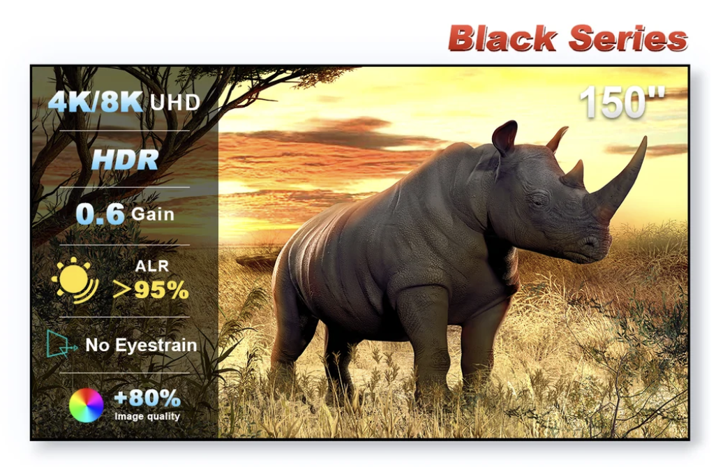 NothingProjector Black Series 150-inch UST ALR screen promotional image showing 4K/8K, HDR, 0.6 gain and ambient-light rejection claims